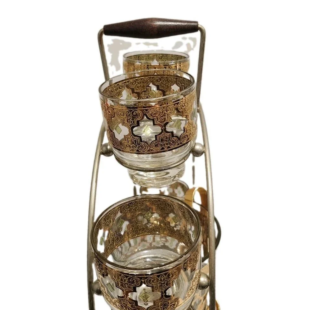 Vintage Culver Valencia 22K Gold 6 Glass Ice Bucket Caddy Set MCM 1960s